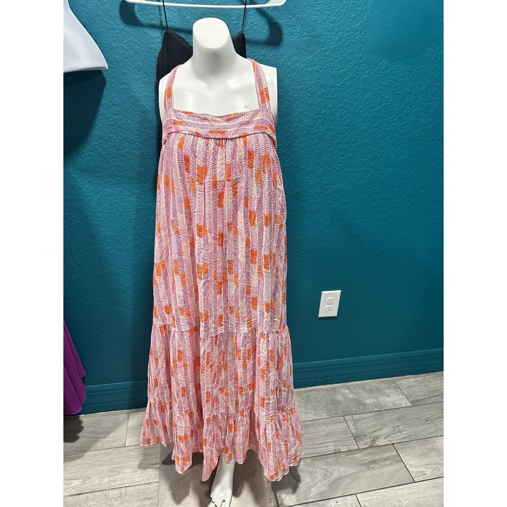 Lemlem Gigi Sweepy Sundress Pink/Orange Chevron Tiered Midi L